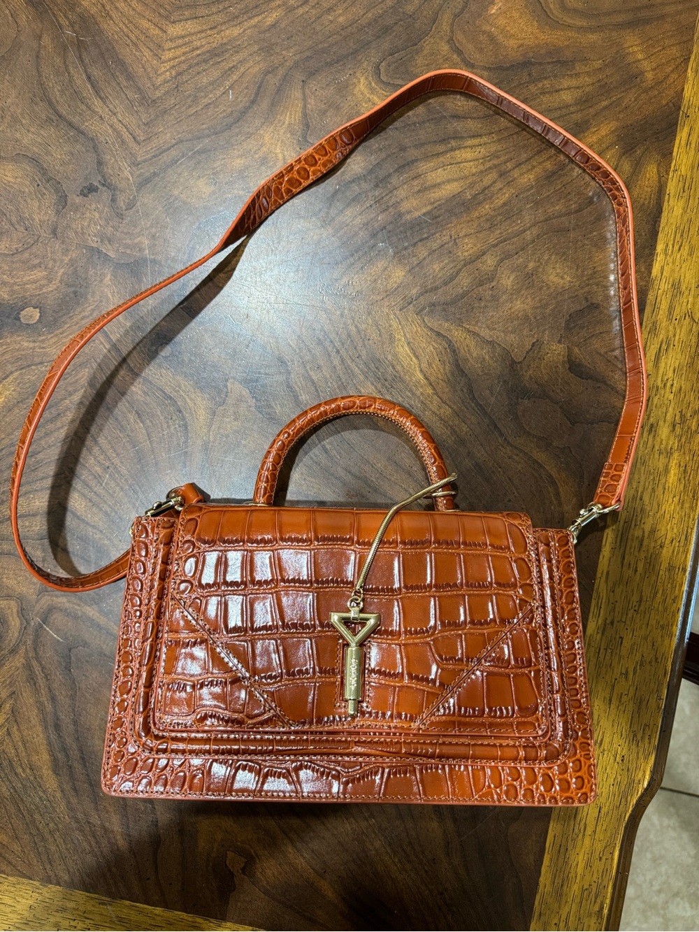 Cognac Croc-Embossed Top-Handle Crossbody Bag